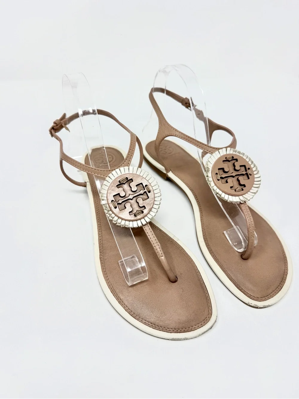 Tory Burch Miller Fringe Tan and Cream Flat Leather Sandals
